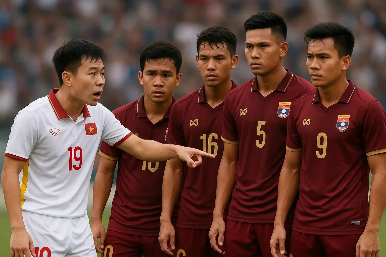 Văn Khang mạnh miệng hứa vô địch ĐNA sau khi hạ Lào dễ dàng 2 Các cầu thủ Lào tập trung phòng ngự sau khi nghe phát biểu của Văn Khang